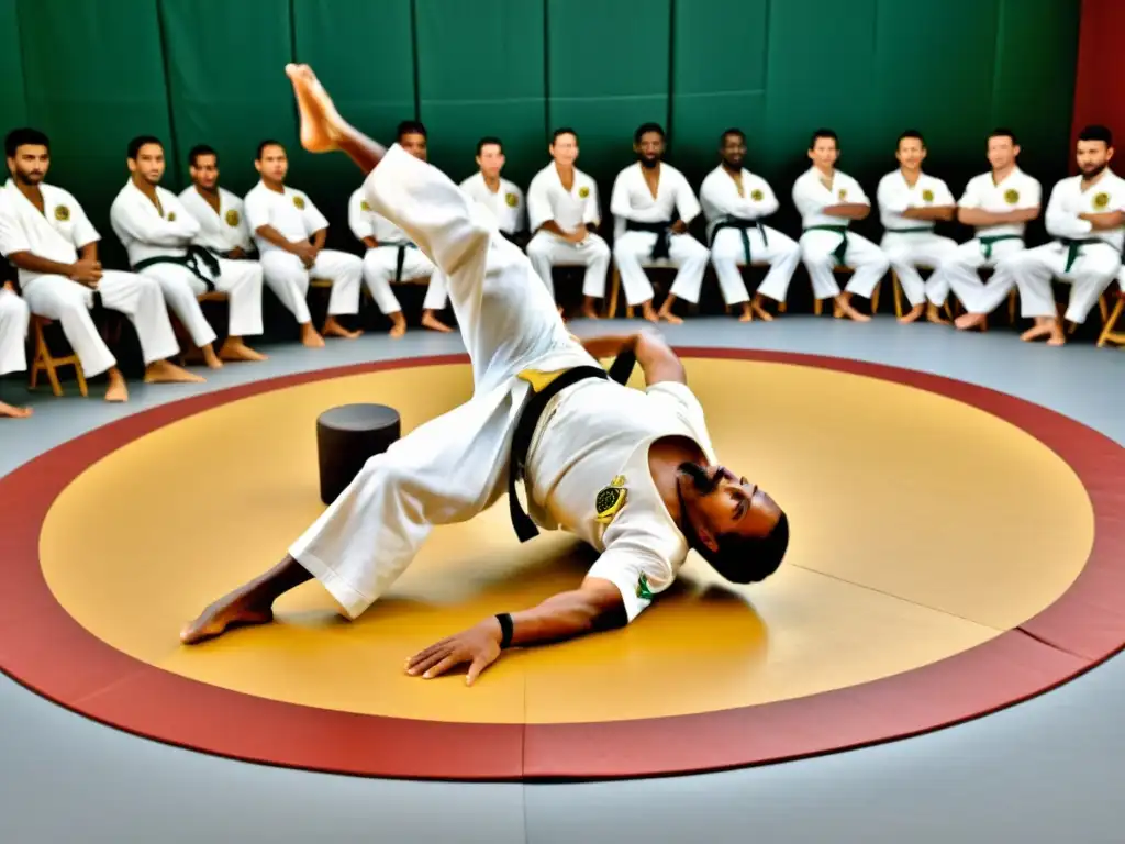 Un mestre de capoeira experto demostrando técnicas avanzadas en una roda tradicional, rodeado de estudiantes entusiastas y enfocados