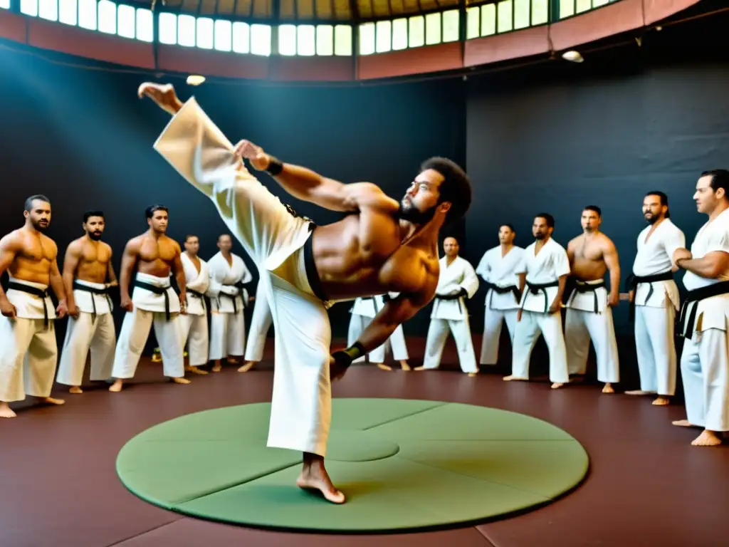 Un mestre de capoeira ejecutando una secuencia acrobática en una roda, mostrando la fusión de origen y técnicas de capoeira con energía y destreza