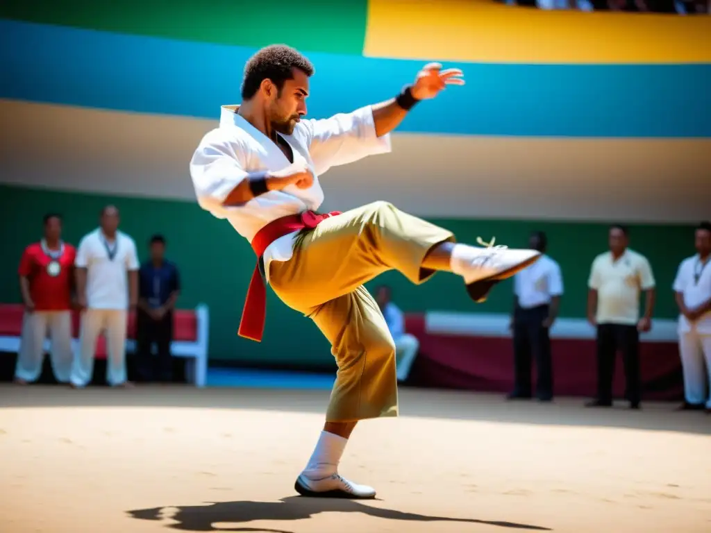 Un mestre experimentado de capoeira ejecuta una quebrada con gracia y determinación en una roda vibrante, mostrando técnicas avanzadas de Capoeira