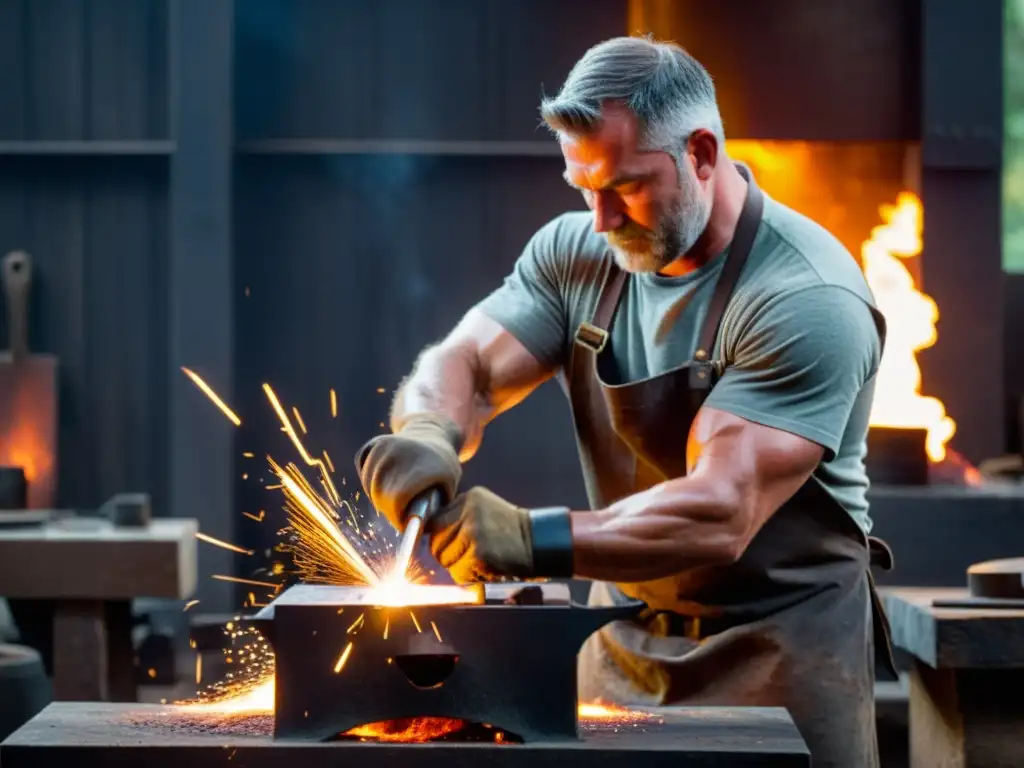 El hábil herrero forja metal al rojo vivo en su taller, creando las mejores mazas y martillos para artes marciales