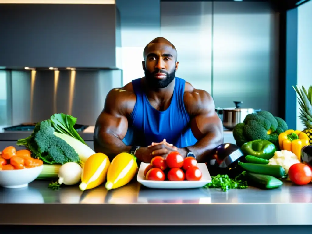 Preparación meticulosa de alimentos para atletas marciales de élite por Teddy Riner, con ingredientes frescos y una expresión determinada