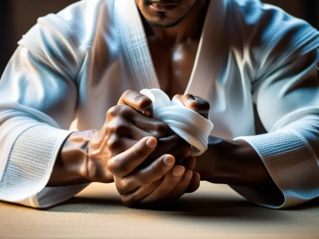 Preparación meticulosa en las artes marciales: envoltura de manos con tela blanca, concentración intensa y determinación