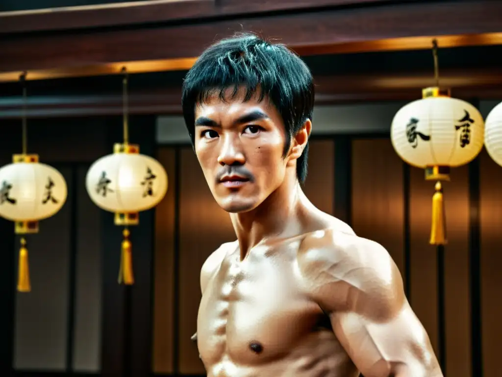 Bruce Lee con mirada determinada en un dojo de artes marciales, transmitiendo el impacto cultural de las artes marciales en el cine y los medios