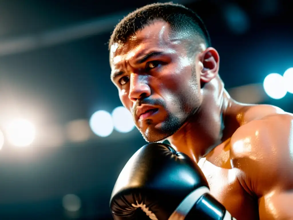 Mirada determinada de un luchador en el ring Mirada determinada de un luchador en el ring, con sudor y concentración, demostrando la intensidad física y mental