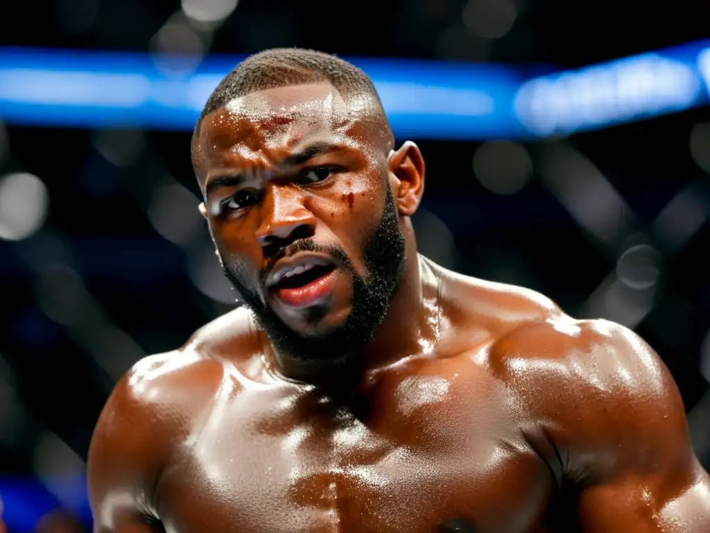 Jon Jones MMA en el octágono, mirada intensa y determinación en sus ojos, en preparación para la pelea