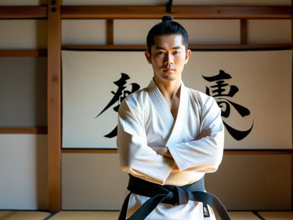 Mitsugi Saotome demostrando una técnica precisa y poderosa de Aikido en un dojo tradicional, con luz natural y caligrafía japonesa en las paredes