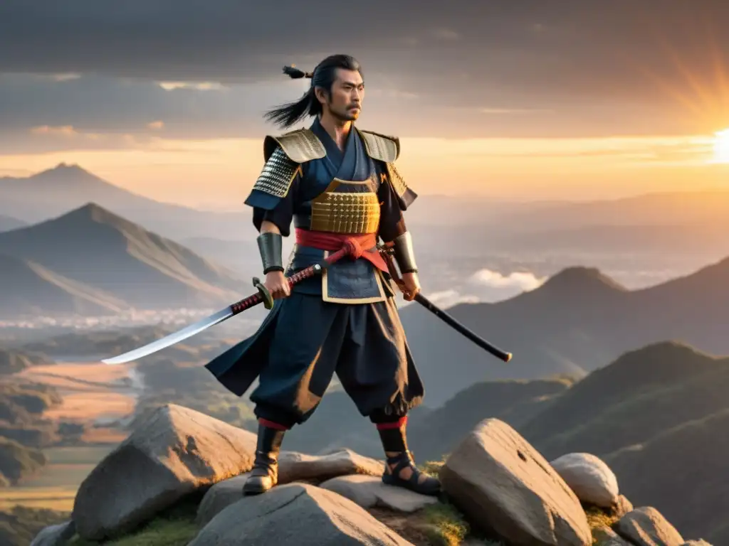 Miyamoto Musashi en un acantilado al atardecer, con katanas, muestra determinación samurái kendo