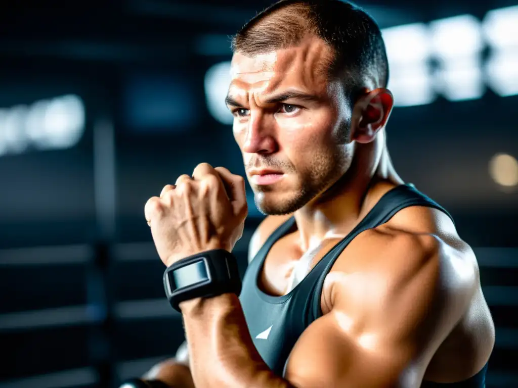 MMA fighter en el gimnasio usando una pulsera de actividad