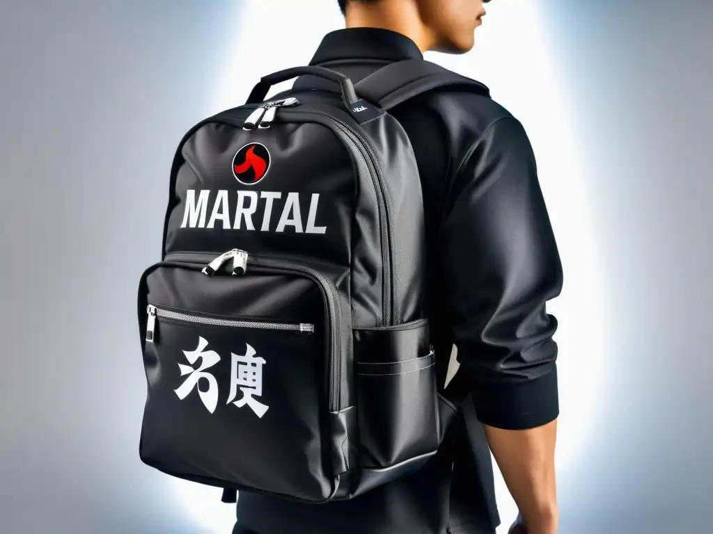 Una mochila oficial para deportistas marciales, con múltiples compartimentos y el logo destacado, en un dinámico dojo de entrenamiento