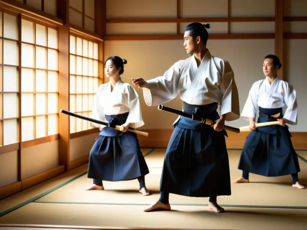 Práctica moderna de armas en Aikido: Grupo de practicantes en keikogi blanco y hakama, con jo staffs en un dojo soleado y espacioso