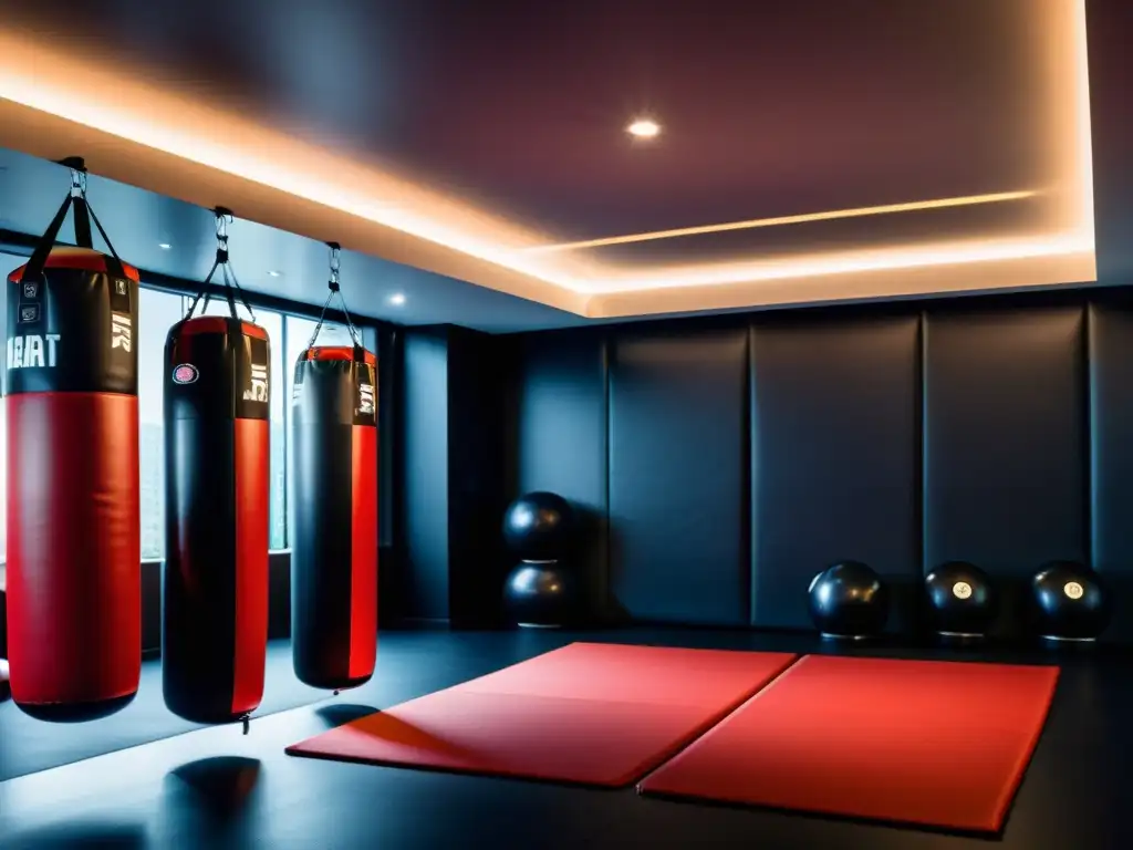 Un moderno equipo de entrenamiento de artes marciales en casa con las mejores máquinas para un ambiente de entrenamiento de vanguardia y dedicación