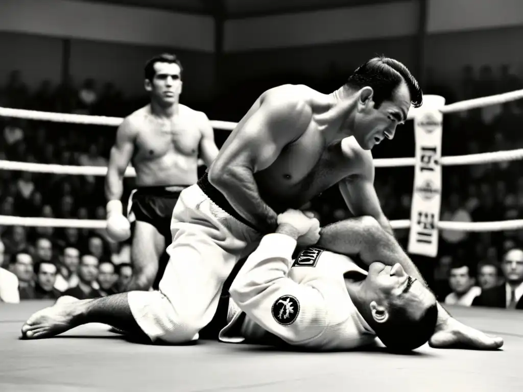 Un momento lleno de maestría en el JiuJitsu Brasileño: Helio Gracie aplicando un perfecto armbar durante una histórica pelea