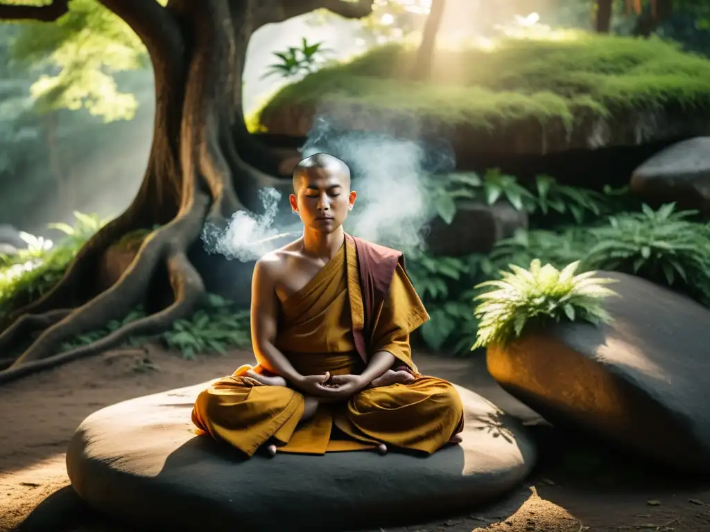 Monje budista en meditación profunda rodeado de naturaleza, con armas de artes marciales cerca