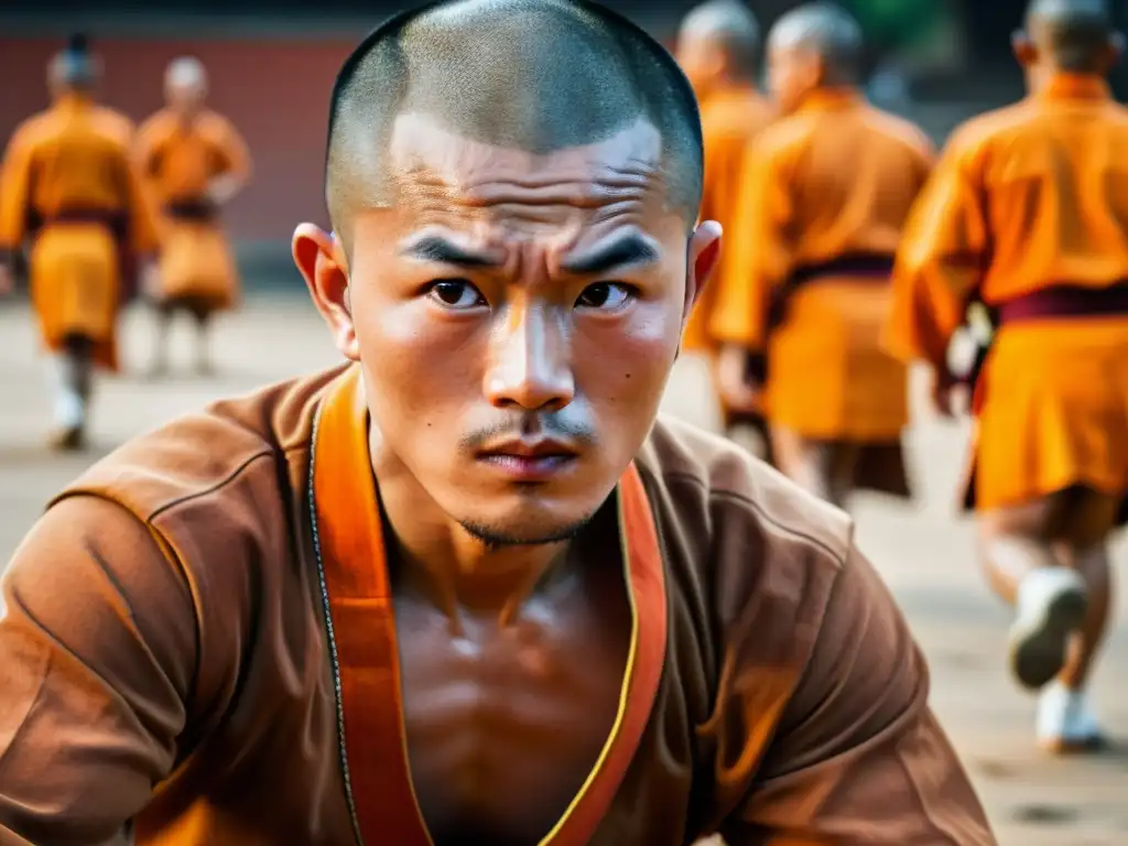 Un monje Shaolin ejecutando Hun Gar, con músculos tensos y concentración, en el templo histórico