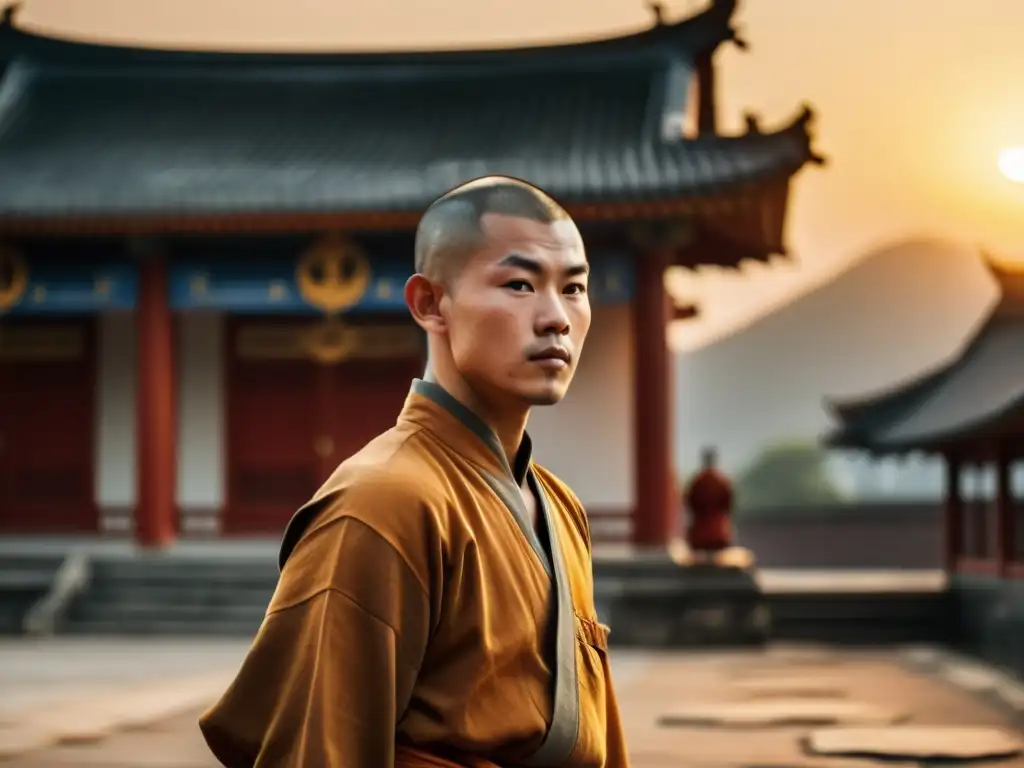 Un monje Shaolin practica Kung Fu al amanecer, con la luz cálida del sol y una atmósfera espiritual en el templo