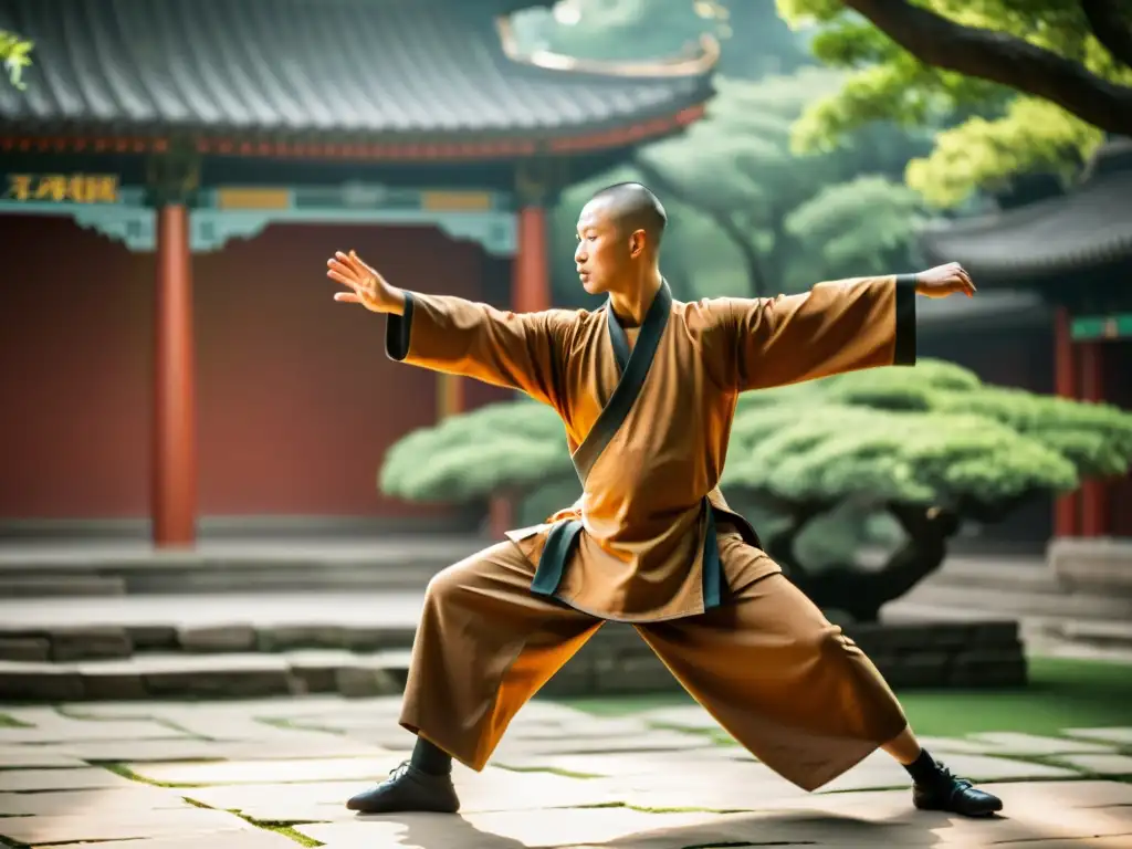 Un monje Shaolin practicando Kung Fu en un antiguo templo, rodeado de naturaleza exuberante