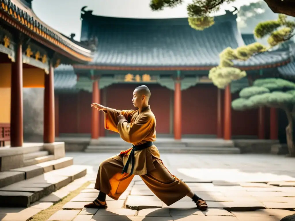 Un monje Shaolin practicando artes marciales en un templo, con influencia del Budismo en Artes Marciales