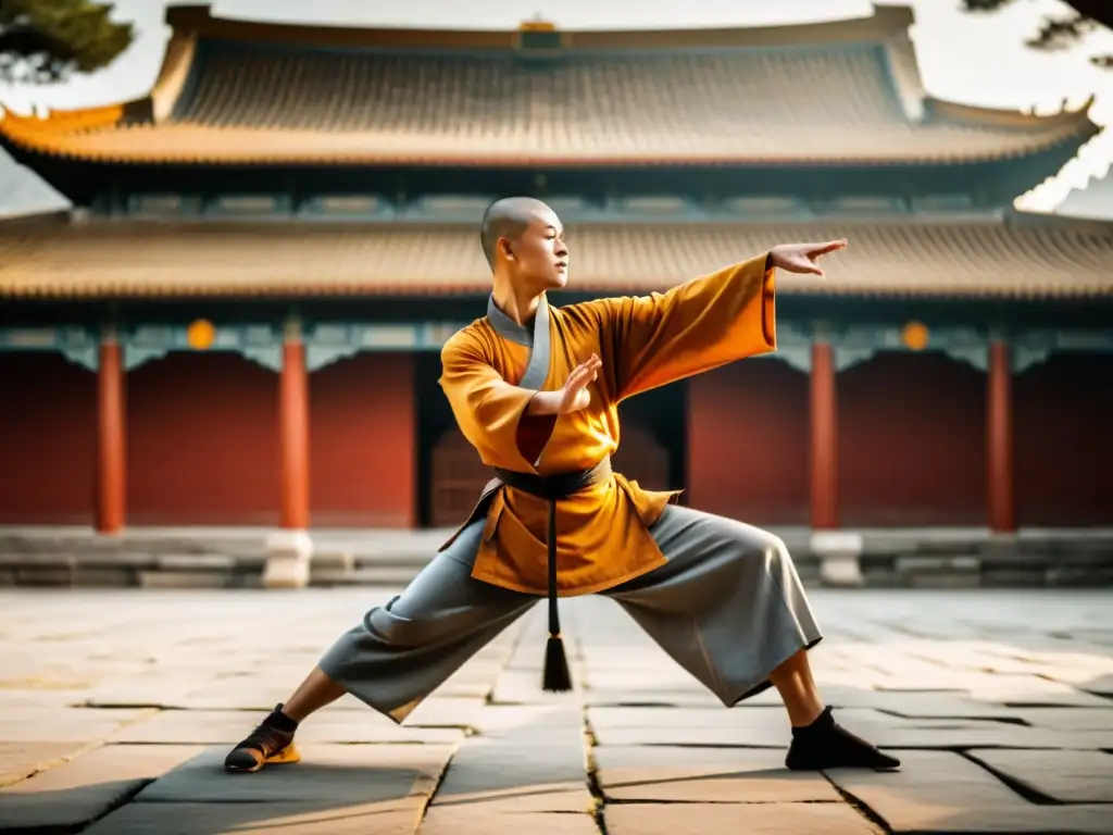 Un monje Shaolin realiza gráciles movimientos de kung fu al amanecer en un tranquilo patio cubierto de niebla