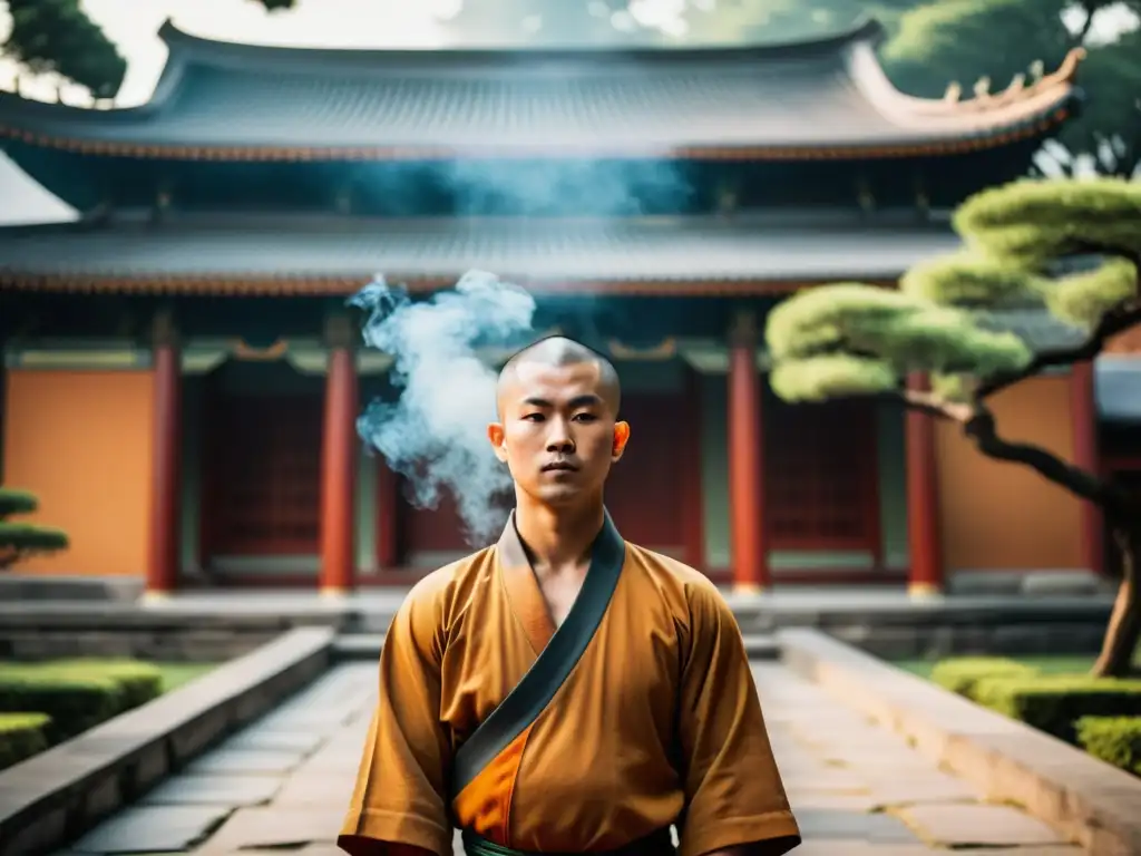 Un monje Shaolin en meditación profunda, rodeado de serenidad y espiritualidad en el Kung Fu