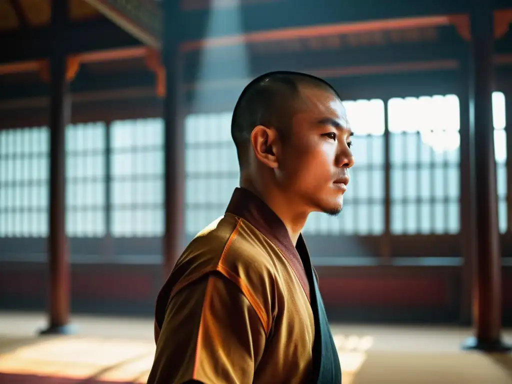 Un monje Shaolin practicando Kung Fu en un salón de entrenamiento tradicional, con influencia india en artes marciales