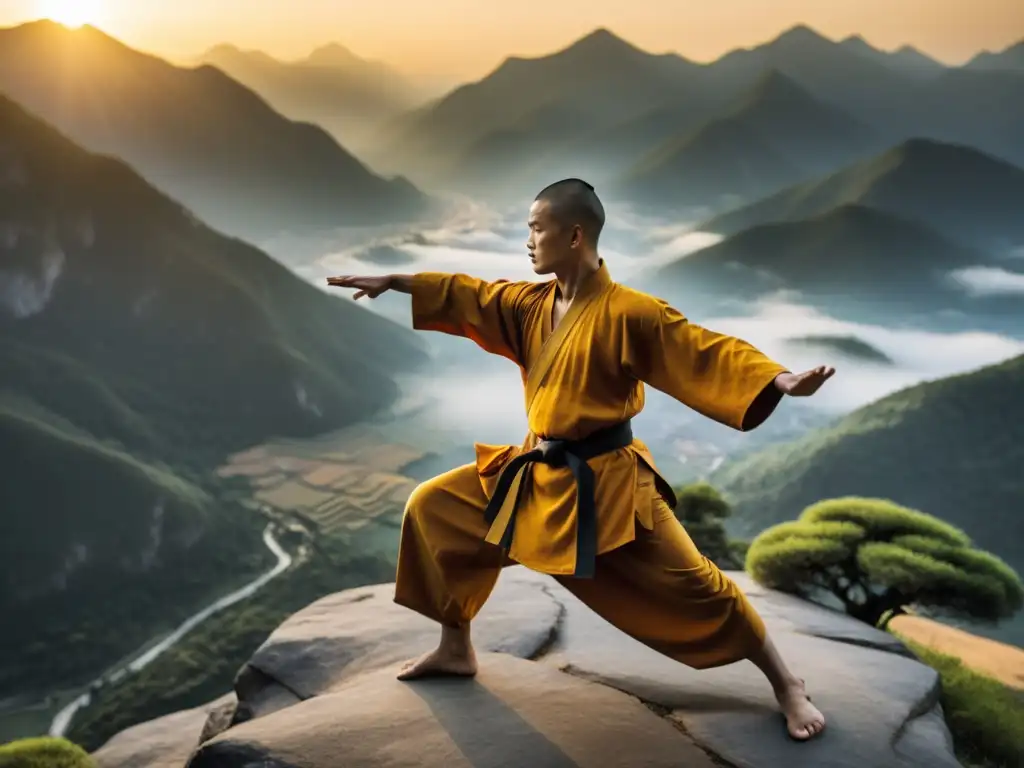 Un monje Shaolin practicando Kung Fu en la serena montaña al amanecer, conectando mente y cuerpo