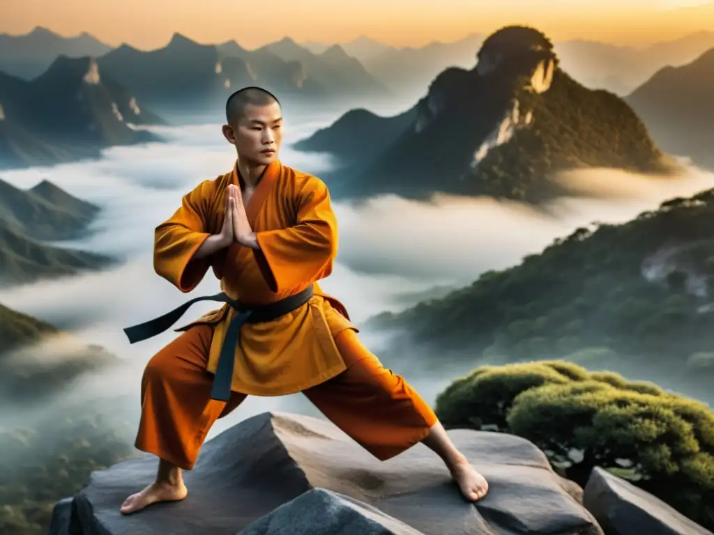 Un monje Shaolin en traje naranja practica artes marciales al amanecer frente a una montaña brumosa