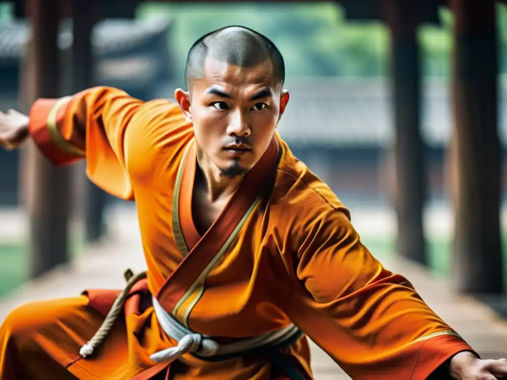 Un monje Shaolin en traje naranja ejecuta movimientos de Kung Fu inspirados en los cinco animales