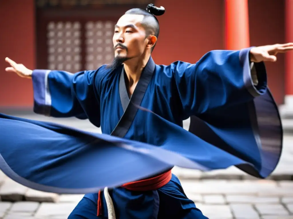 Monje taoísta de Wudang ejecutando Kung Fu en templo tradicional