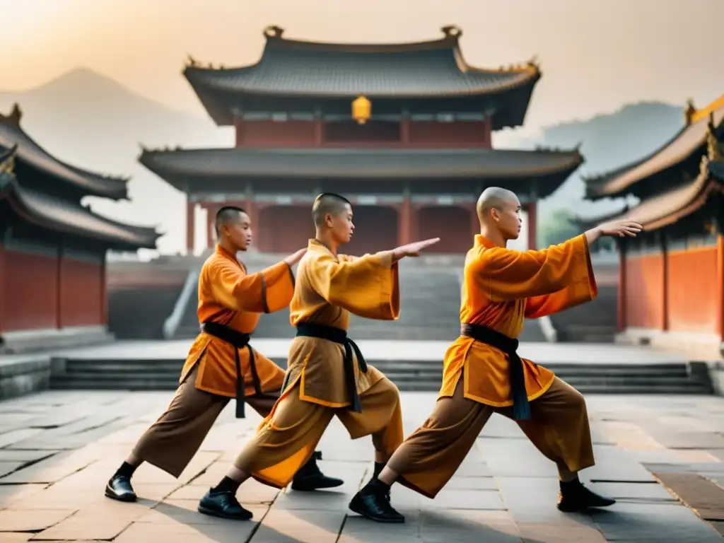 Monjes de Shaolin practican Kung Fu al amanecer en el antiguo templo, mostrando la historia y técnicas del Shaolin Kung Fu