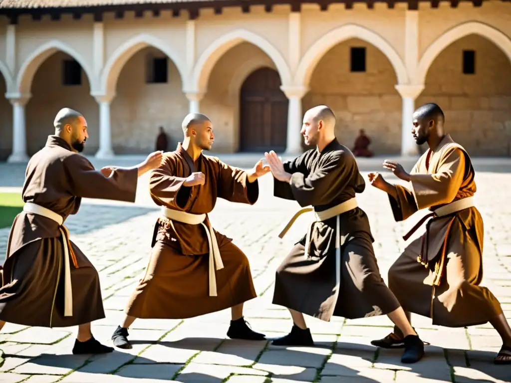 Monjes guerreros practicando artes marciales en un patio de monasterio europeo, combinando espiritualidad y combate en la Edad Media