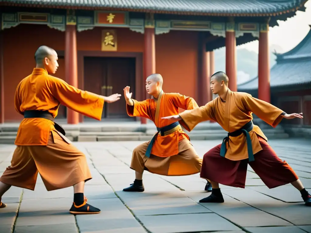 Los Monjes Shaolin practican artes marciales en un sereno patio de templo