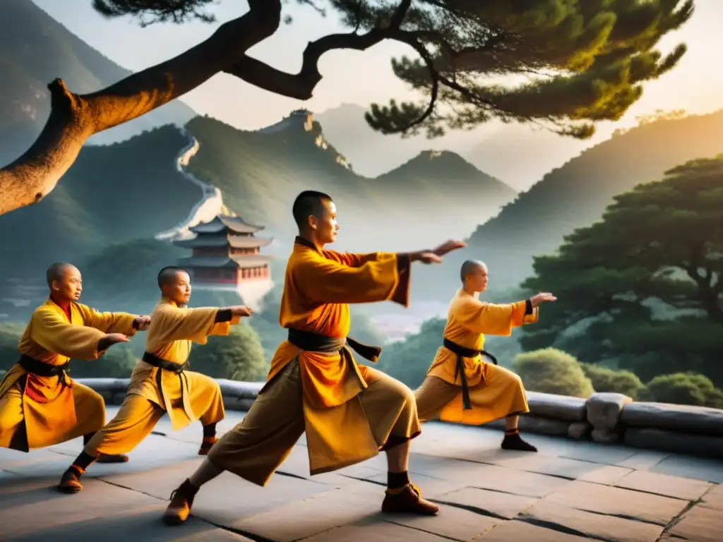 Monjes Shaolin practican Kung Fu al amanecer en las montañas de China, evocando la historia y técnicas del Shaolin Kung Fu