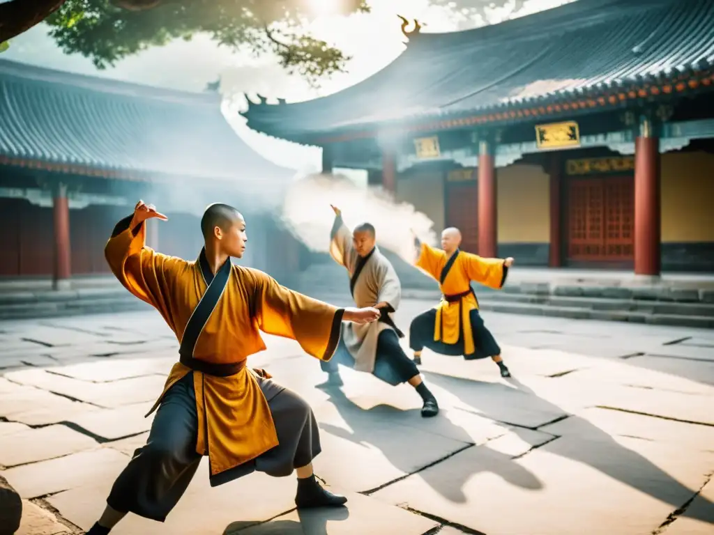 Monjes Shaolin practicando Kung Fu al amanecer en un patio cubierto de niebla, reflejando disciplina y tradición en las técnicas del Shaolin Kung Fu