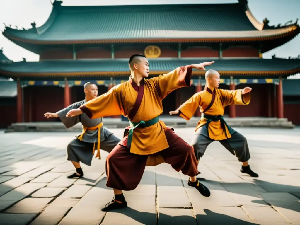 Monjes Shaolin practicando Kung Fu en el templo, destacando la disciplina y tradición de los mejores campamentos entrenamiento artes marciales Asia