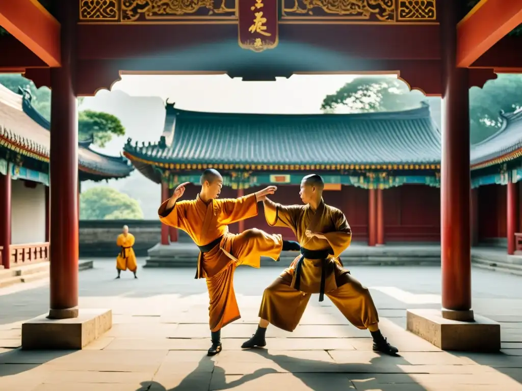 Monjes practicando Kung Fu en el templo Shaolin, rodeados de edificios antiguos y detalles arquitectónicos