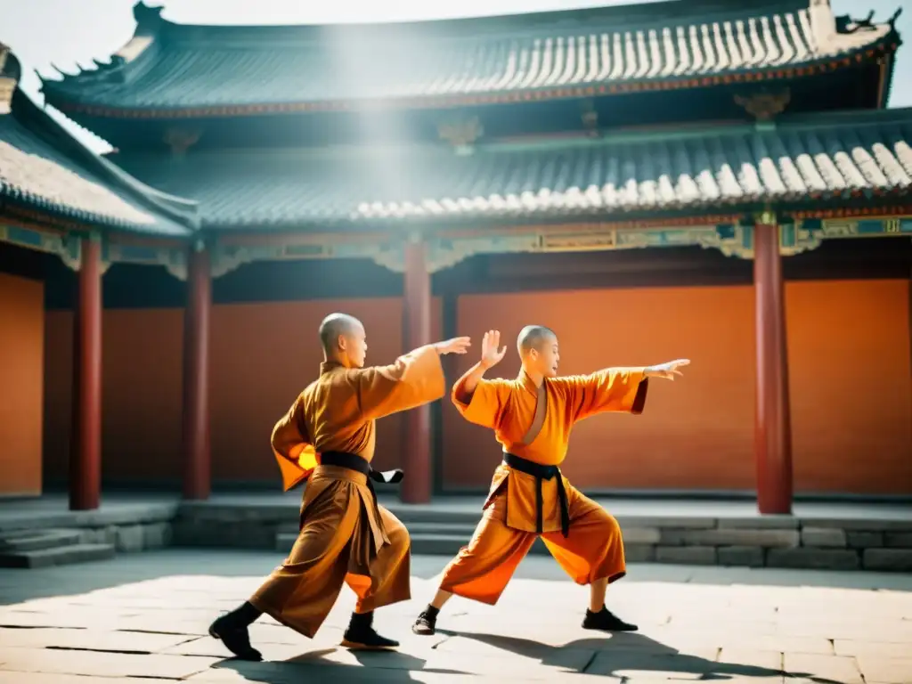 Monjes practicando Kung Fu en un templo tradicional, transmitiendo la historia del Kung Fu con gracia y disciplina