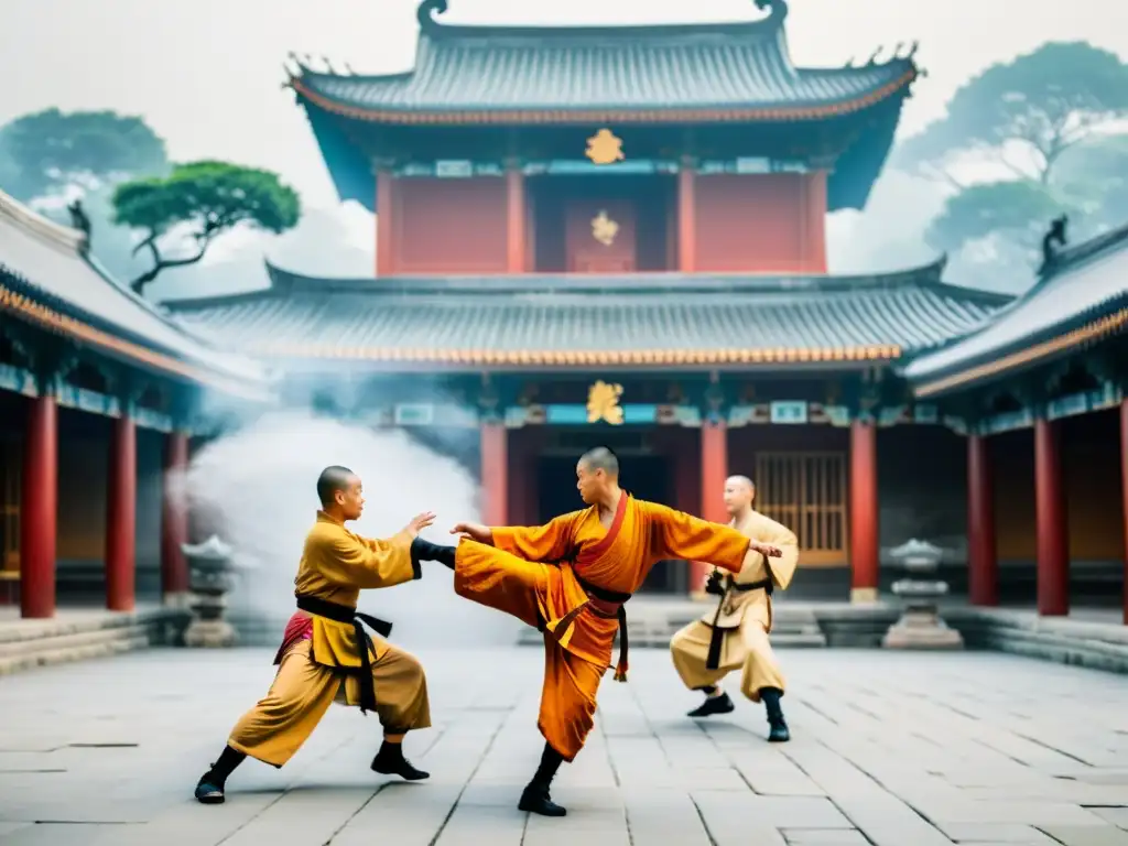 Monjes practicando Kung Fu en templo tradicional con niebla matutina, evocando historia del kung fu monjes con su disciplina y tradición