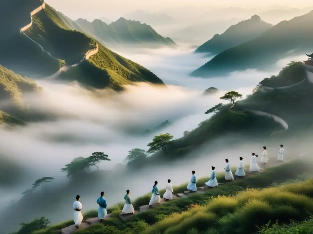 Práctica de Tai Chi al amanecer en las montañas de China