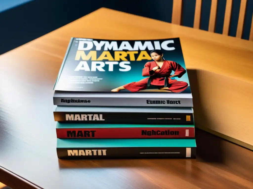 Un montón de revistas oficiales de artes marciales prolijamente organizadas en una mesa de madera, con portadas dinámicas y coloridas