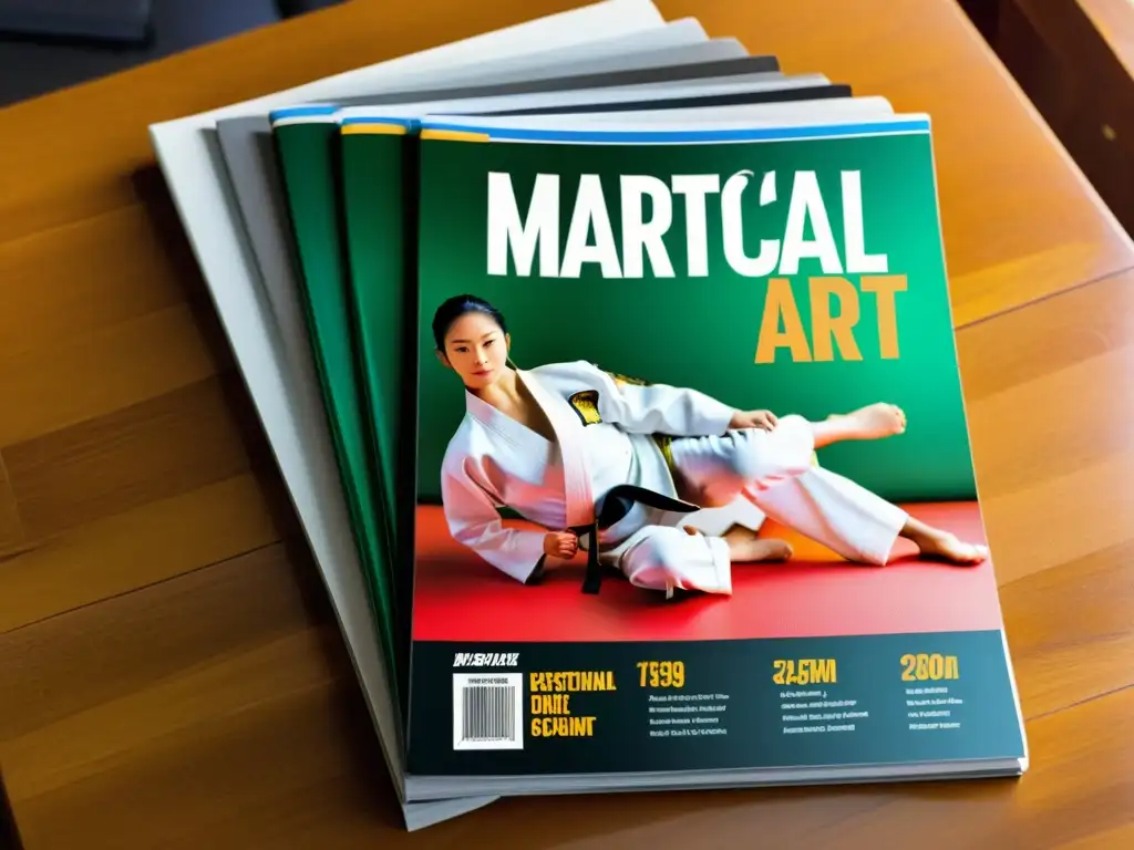 Un montón de revistas oficiales de artes marciales, con imágenes dinámicas y contenidos instructivos, iluminadas por la suave luz natural