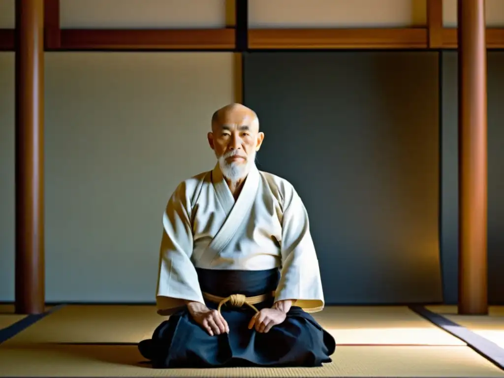 Morihei Ueshiba: Maestro de Aikido en Acción Morihei Ueshiba practica Aikido en un dojo sereno con luz natural, capturando la esencia de los orígenes y evolución del Aikido