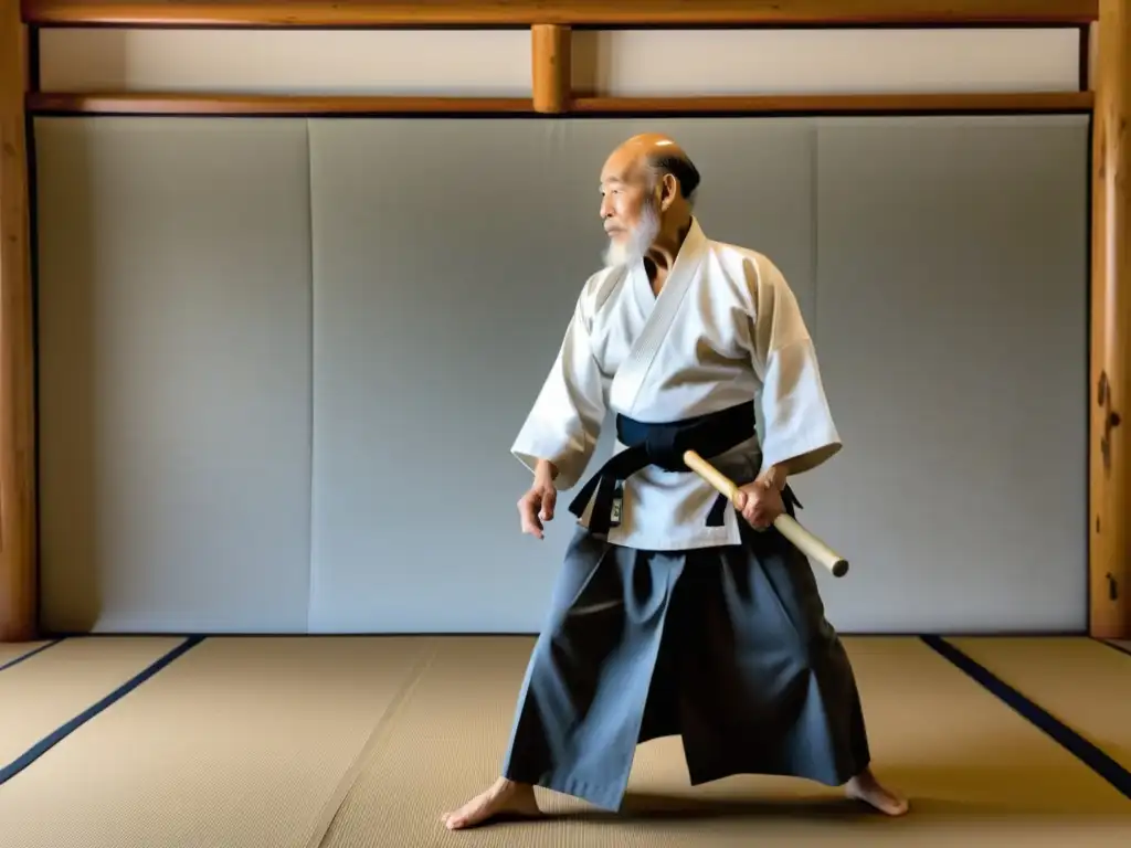Morihei Ueshiba: Aikido en el dojo tradicional Morihei Ueshiba practica técnicas de Aikido en un dojo tradicional, reflejando la esencia de los Orígenes y evolución del Aikido
