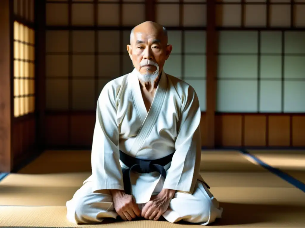 Morihei Ueshiba en un dojo tradicional, vistiendo un gi blanco, demostrando una técnica fluida de aikido