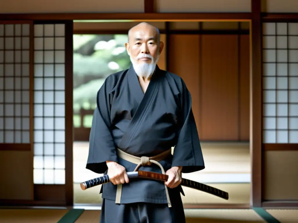 Morihei Ueshiba, fundador de Aikido, en un dojo japonés tradicional, exuda maestría y disciplina