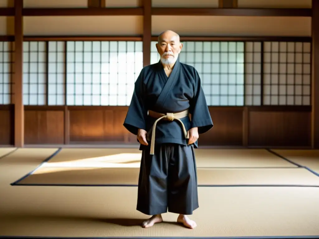 Morihei Ueshiba, fundador del Aikido, irradia sabiduría y poder en su dojo tradicional, reflejando la filosofía del Aikido Morihei Ueshiba