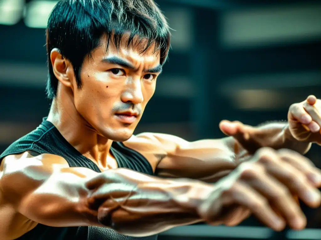 Bruce Lee ejecuta con maestría un movimiento de Jeet Kune Do, mostrando fuerza y concentración