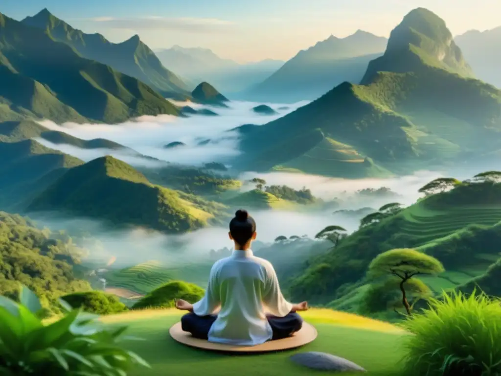 Nei Kung meditación en movimiento: Paisaje montañoso sereno con practicante en meditación en primer plano, bañado por una suave luz matutina