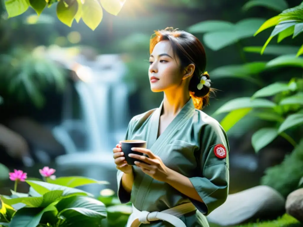 Una mujer en un gi de artes marciales disfruta de un jardín sereno mientras sostiene una taza de té herbal