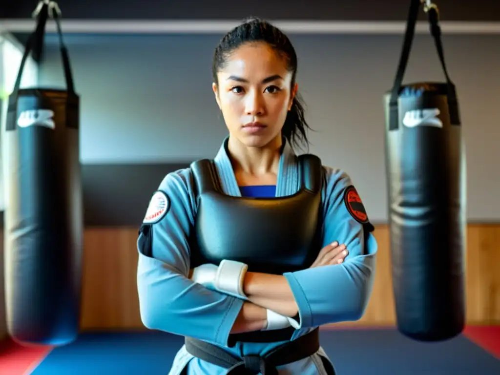 Una mujer artista marcial con equipamiento de protección, lista para entrenar en un estudio luminoso