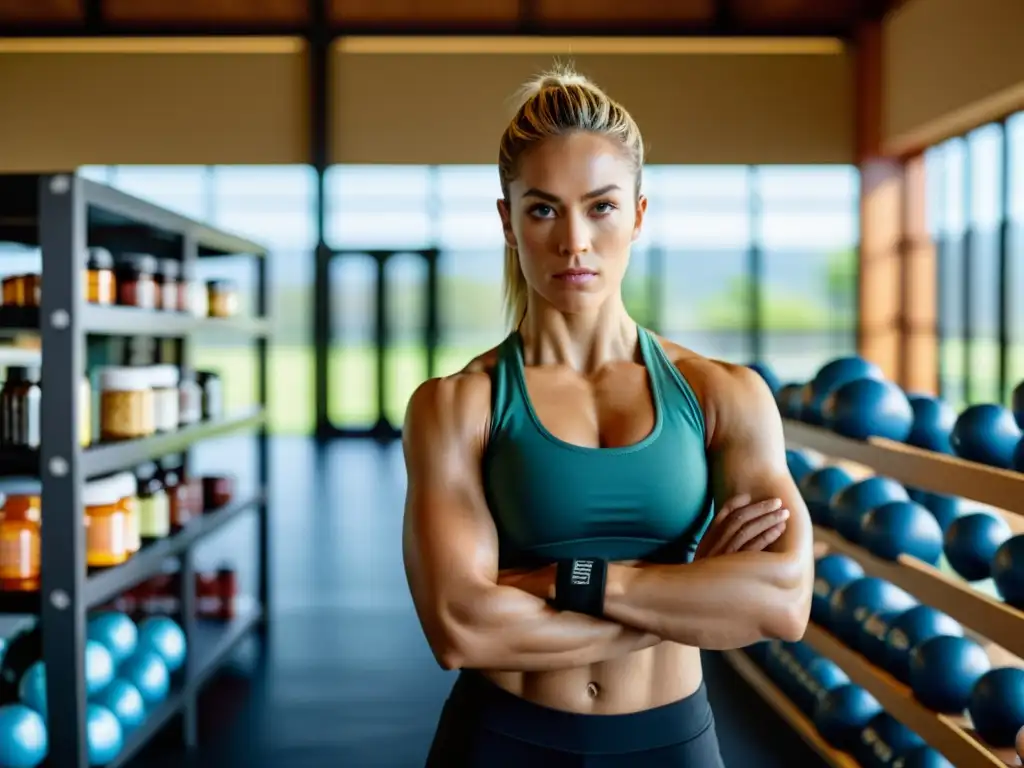 Una mujer artista marcial selecciona suplementos con determinación en un gimnasio, buscando suplementación para mujeres en artes marciales